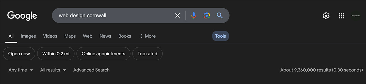 Google Search for Web Design agency in Cornwall showing high number of results